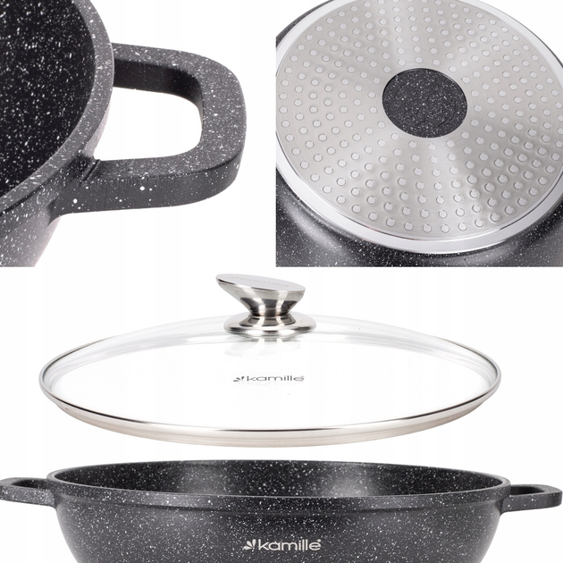 Кастрюля со стеклянной крышкой и антипригарным покрытием Kamille КМ-4480 из литого алюминия 8 л Черный мрамор (150-84-4480) - фото 3 Кастрюля со стеклянной крышкой и антипригарным покрытием Kamille КМ-4480 из литого алюминия 8 л Черный мрамор (150-84-4480) - фото 3