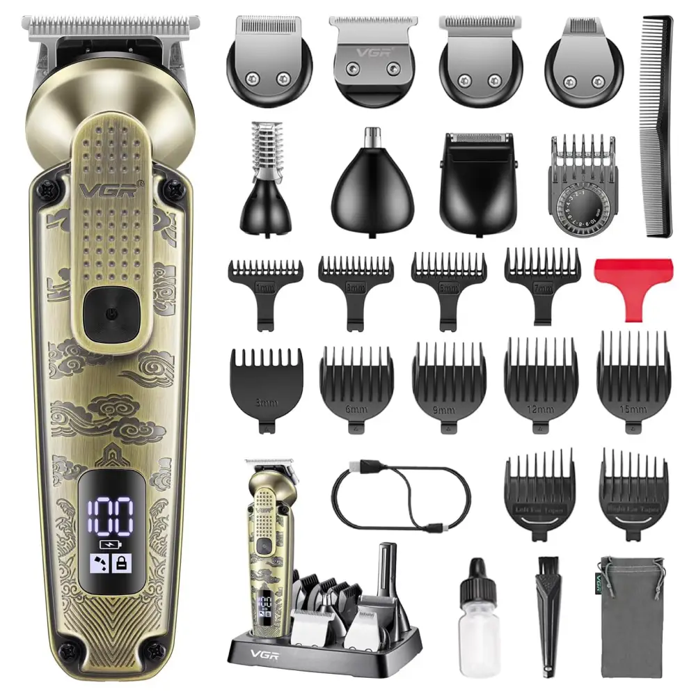 Тример VGR V-103 19 насадок для волосся/бороди/брів/носа/вух LED-дисплей USB-зарядка (ML-04853)
