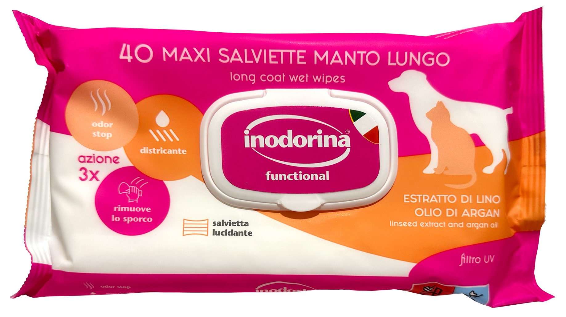 Вологі серветки для довгошерстих собак і котів Inodorina Functional Long Coat Liseed extract and Argan Oil 40 шт. (24343174)