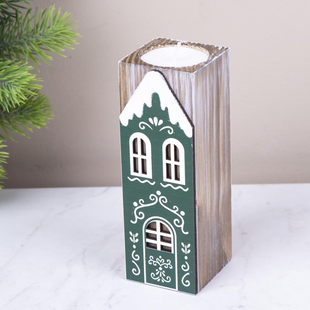 Подсвечник деревянный с зеленой избушкой 14 см (5162-7)