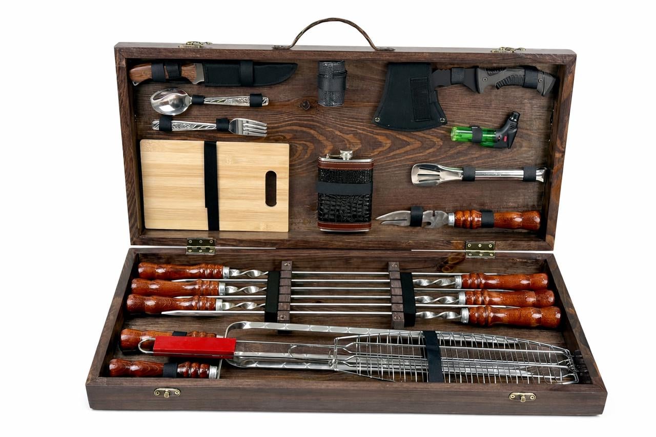 Набор для пикника GrillMaster Шашлычник лайт Кизляр с решеткой топором/дощечкой 34 пр. Коричневый (10-164-KS-7509)