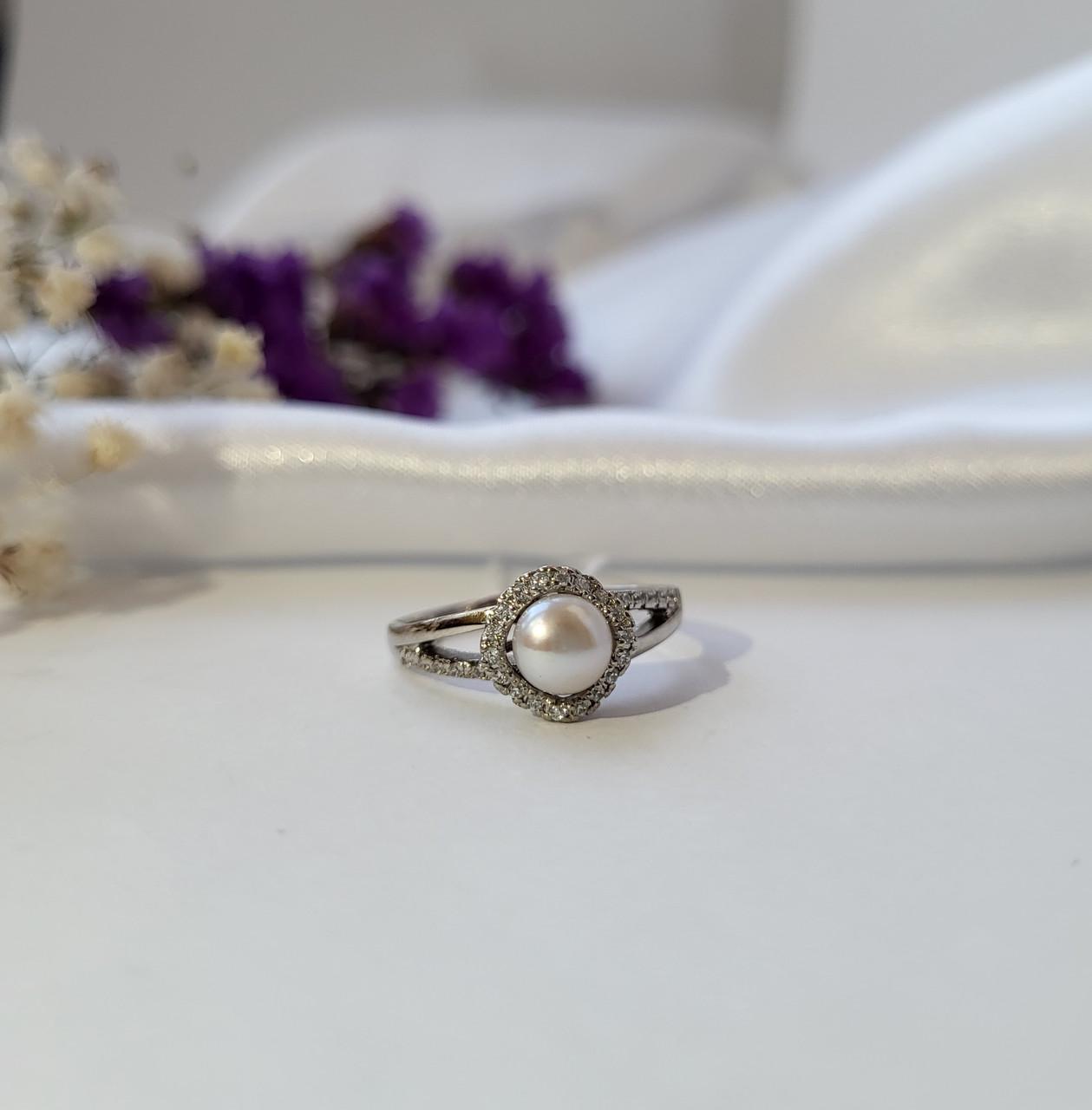 Кольцо антея с белой жемчужиной серебро 925 пробы родированное 2,72 г р. 16,5 (10162р)