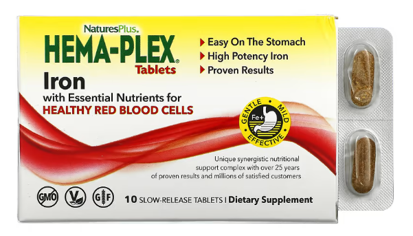 Хема плекс с железом для здоровья крови блистер NaturesPlus Hema-Plex Iron с длительным высвобождением 10 таблеток Хема плекс с железом для здоровья крови блистер NaturesPlus Hema-Plex Iron с длительным высвобождением 10 таблеток
