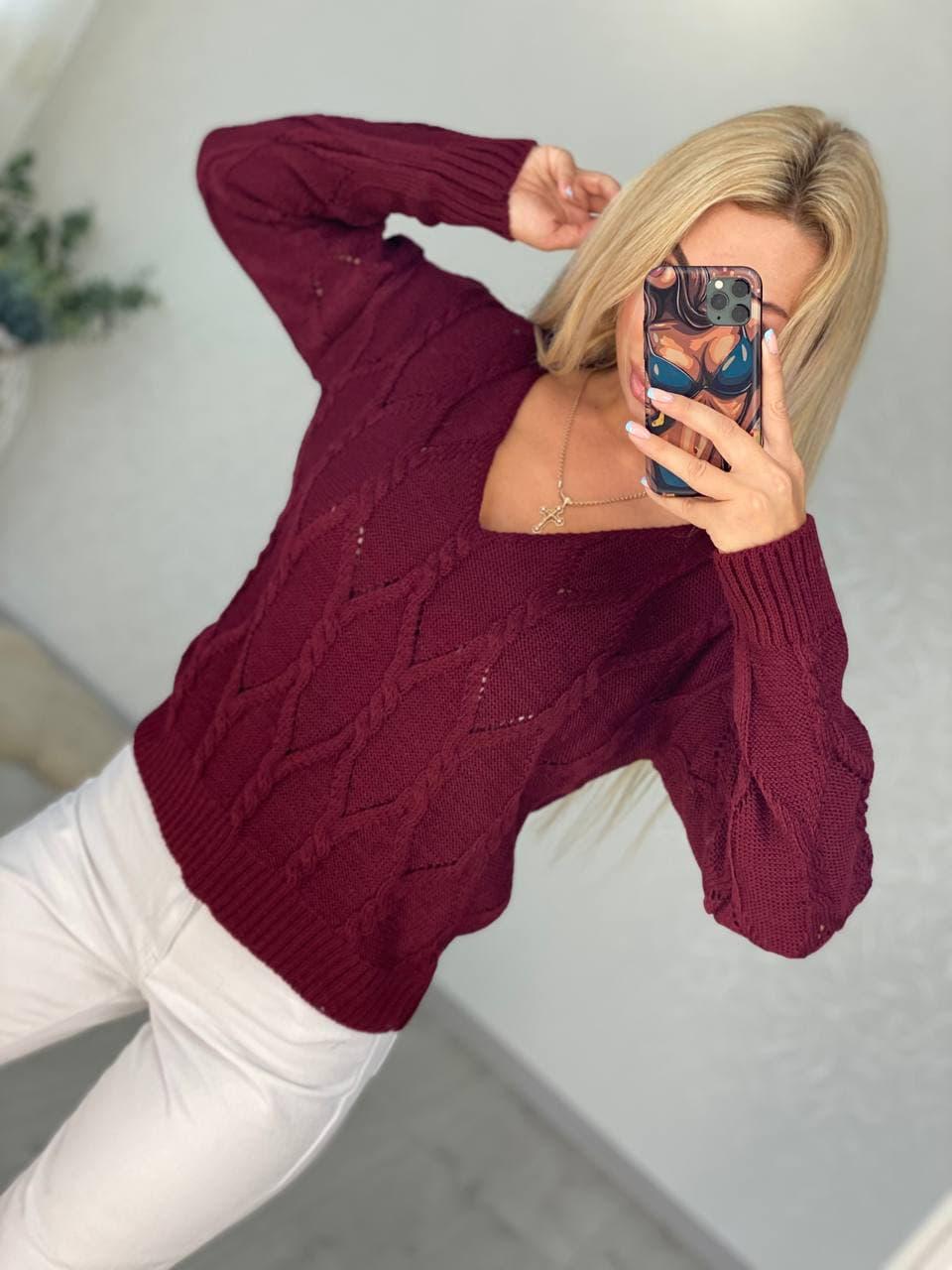 Свитер женский с вырезом Ромбик р. 42-48 Бордовый (218-нс)