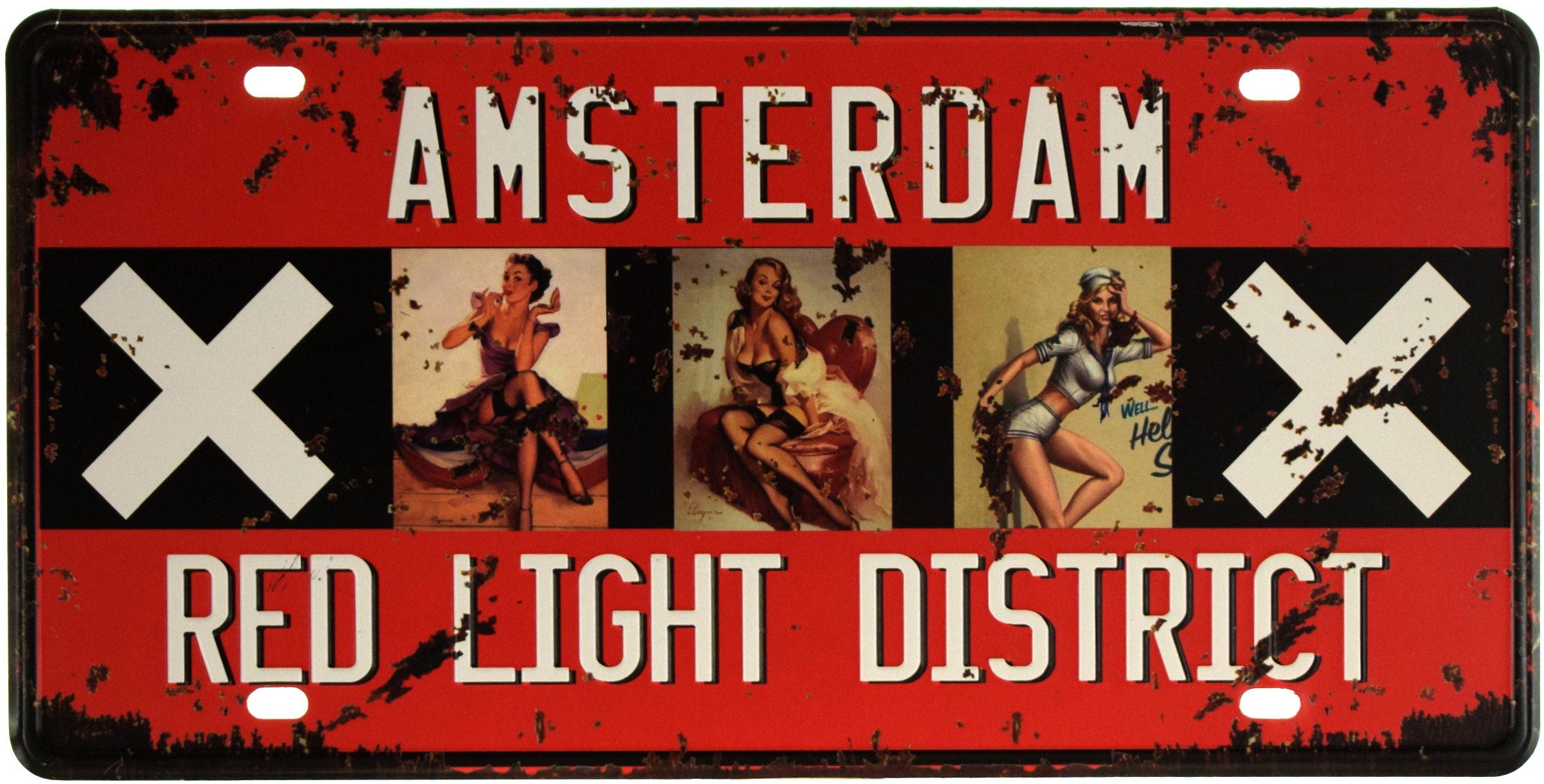 Табличка металлическая Амстердам Район Красных Фонарей/Amsterdam Red Light  District 15x30 см