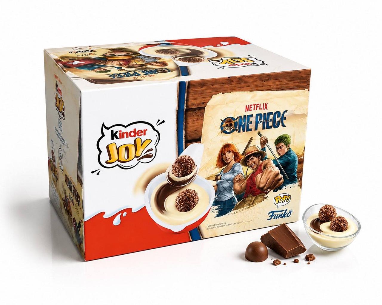 Коробка шоколадных яиц Kinder Joy One Piece Funko с молочным и какао-кремом/вафельными шариками и игрушками-сюрпризами 72 шт.