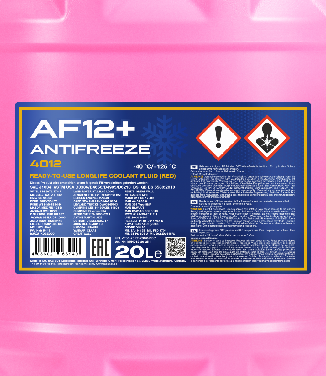 Антифриз Mannol 4012 Longlife Antifreeze AF12+ -40°C готовий розчин 20 л Червоний (MN4012-20) - фото 2 Антифриз Mannol 4012 Longlife Antifreeze AF12+ -40°C готовий розчин 20 л Червоний (MN4012-20) - фото 2