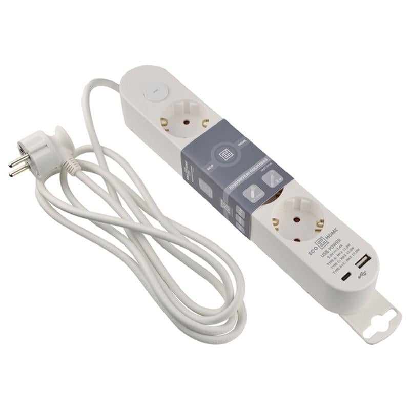 Фільтр-подовжувач мережевий АСКО-УКРЕМ Ornat 4 гнізда 2 м з з/к USB/Type C з вимикачем (ECO019001004)