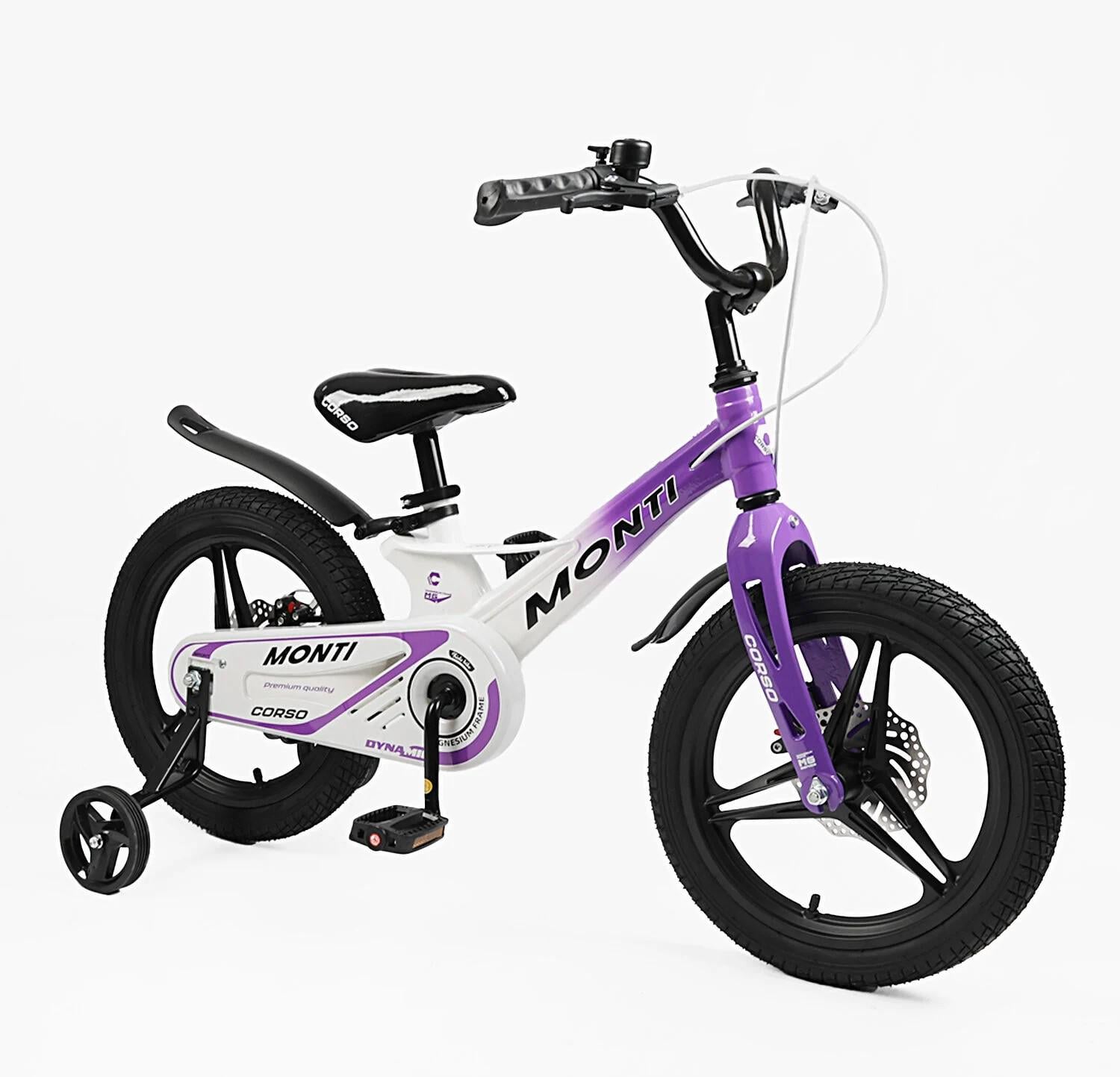 Детский велосипед Corso Monti двухколесный 16" с дополнительными колесами Фиолетовый (MT-16739)