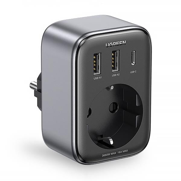 Зарядное устройство сетевое с розеткой UGREEN CD314 GaN 30W Outlet Extender 2USB-A 1USB-C 1AC Gray (90613)