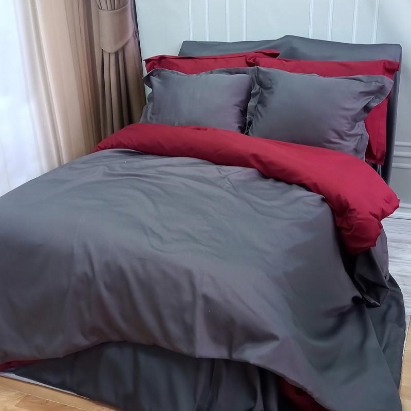 Постельное белье Meriset Дуэт Premium сатин двуспальное на резинке Anthracite/Wine bordo (550347-6)