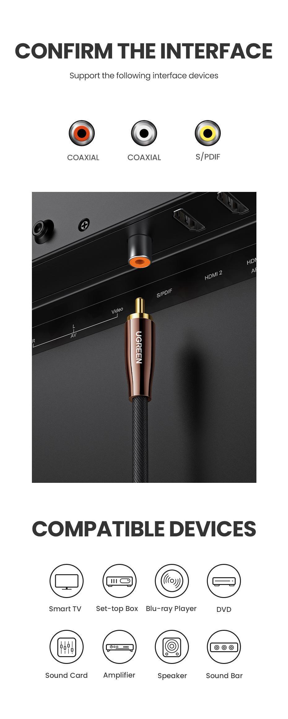 Кабель UGREEN RCA-RCA Коаксіальний Аудіо стерео S/PDIF Hi-Fi 5.1 Dolby нейлонове обплетення 3 м Чорний (40299) - фото 12 Кабель UGREEN RCA-RCA Коаксіальний Аудіо стерео S/PDIF Hi-Fi 5.1 Dolby нейлонове обплетення 3 м Чорний (40299) - фото 12