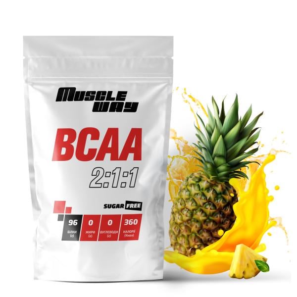 Комплекс аминокислот для роста мышц и сушки MuscleWay ВСАА 2:1:1 Sugar Free Ананас в порошке на 50 порций 500 г (21-125-bcaa-mw-rs500.an) - фото 1