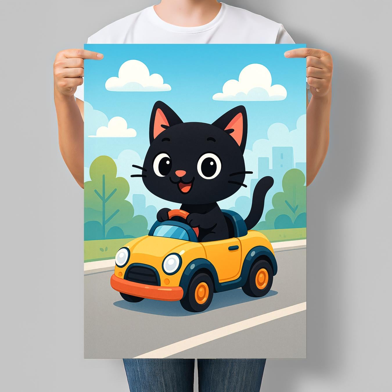 Постер для детской комнаты Черный котик на желтом автомобиле 42x60 см A2 без рамки (DYT018_A2) Постер для детской комнаты Черный котик на желтом автомобиле 42x60 см A2 без рамки (DYT018_A2)