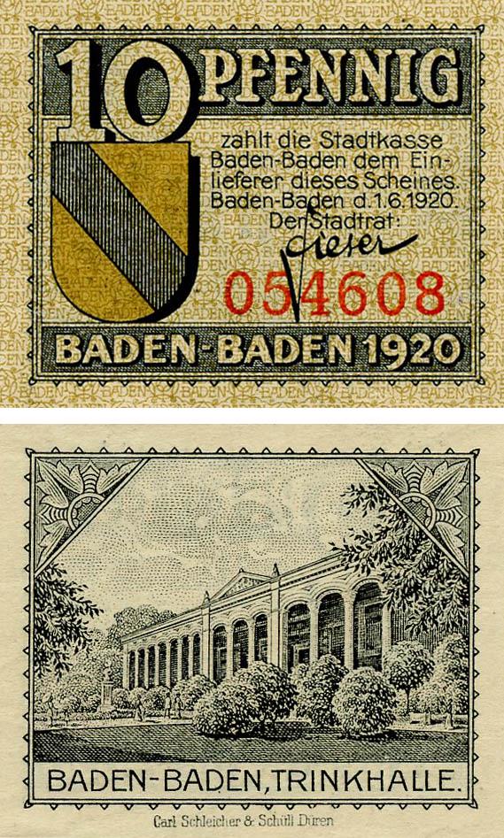 Коллекционная банкнота Германия Нотгельд 10 пфеннигов 1920 F-VF Баден-Баден (Б18489)