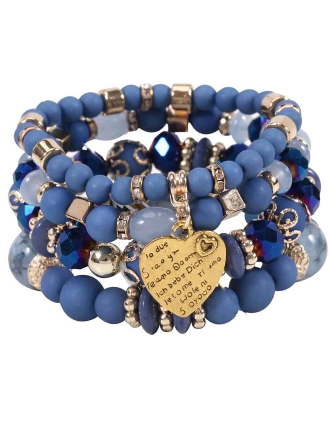 Браслет и подвеска из бисера Bohemian Style Сердечко 4в1 на резинке Сине-голубой (27477110)