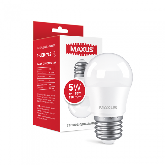 Світлодіодна лампа-куля Maxus 1-LED-742 G45 5W 4100K E27 (27830334)