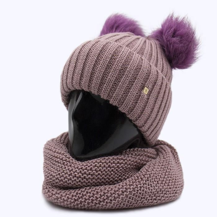 Шапка молодіжна Lirus Пума з двома песцовими бубонами на флісовій підкладці one size Пудровий (57058)