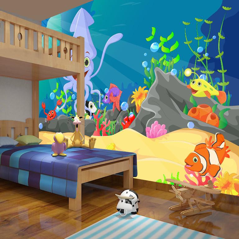 Фотошпалери 3D для дитячої кімнати Кальмар та рибки