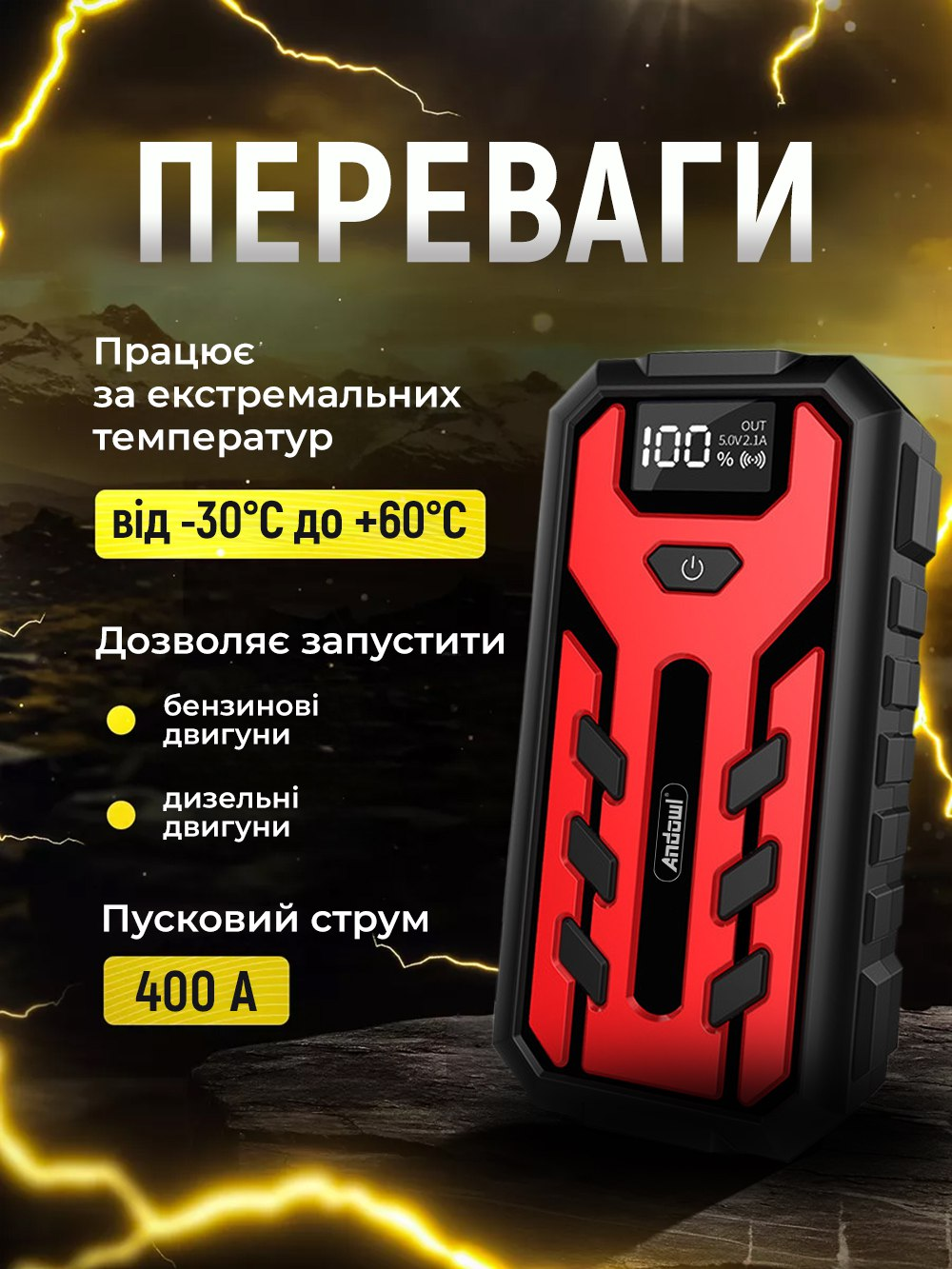 Пускозарядний автомобільний пристрій Andowl Q-D1020X1 20000 mAh Чорний (039e7a57) - фото 3