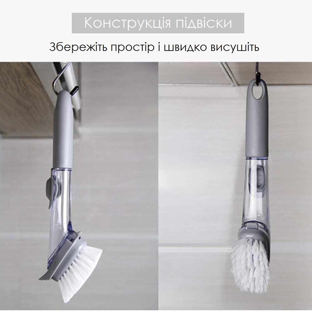 Щітка для миття посуду DECONTAMINATION WOK BRUSH з ручкою дозатором і знімною насадкою Сірий - фото 9