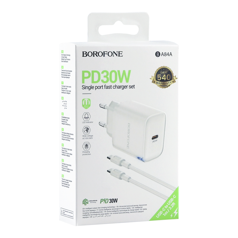 Зарядное устройство для телефона Borofone BA84A 30W USB-C кабель Type-C-Type-C Белый (3097737585)
