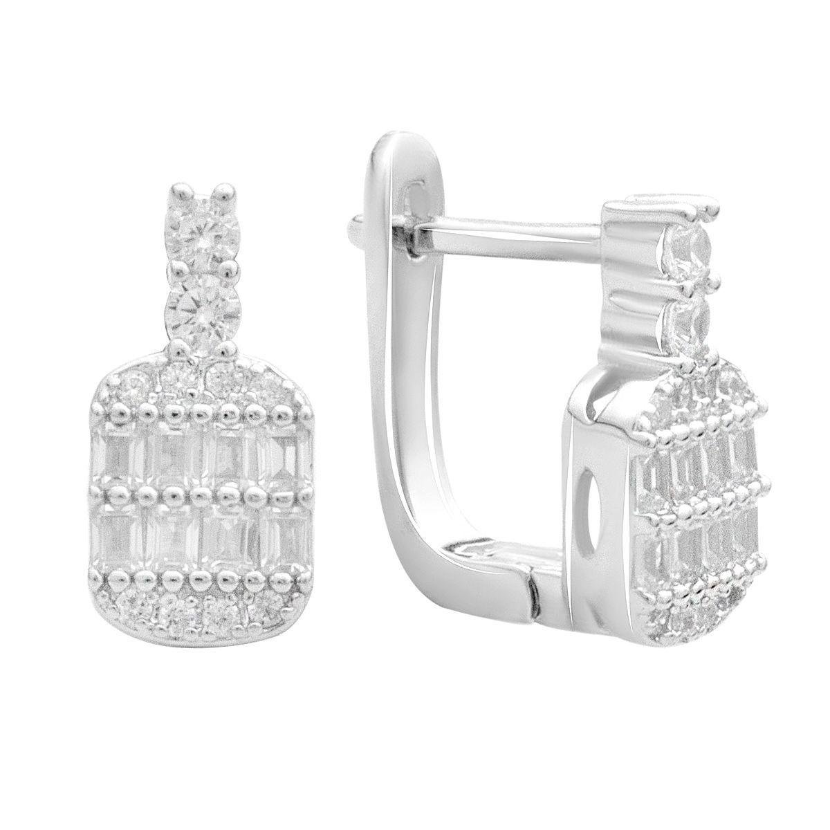 Срібні сережки-підвіски з багаторядним інкрустаційним дизайном та фіанітами