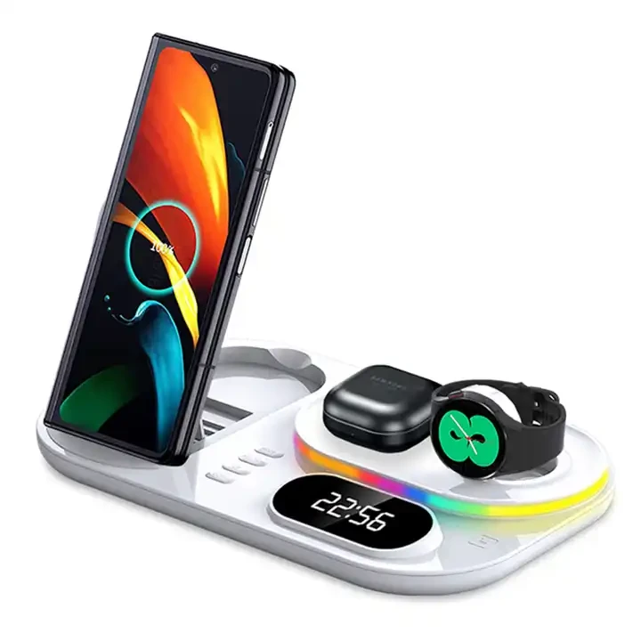 Док-станция с часами QINETIQ S6 LED Clock RGB 30W 4в1 для Samsung/GalaxyBuds/Galaxy Watch 1-6 series (2026927507)