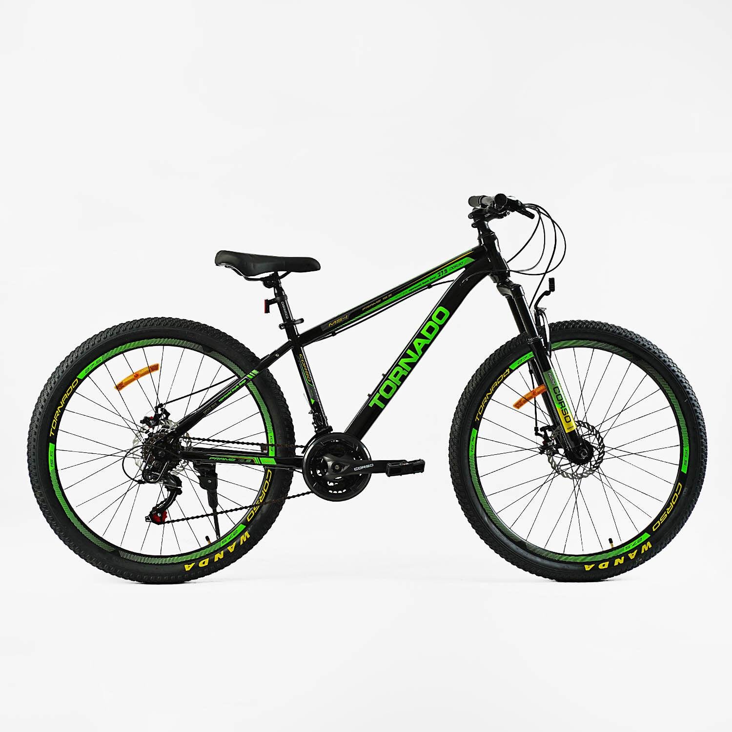 Велосипед спортивный Corso TORNADO 27,5'' рама стальная 15,5'' переключатели Shimano Черно-зеленый (32143764)