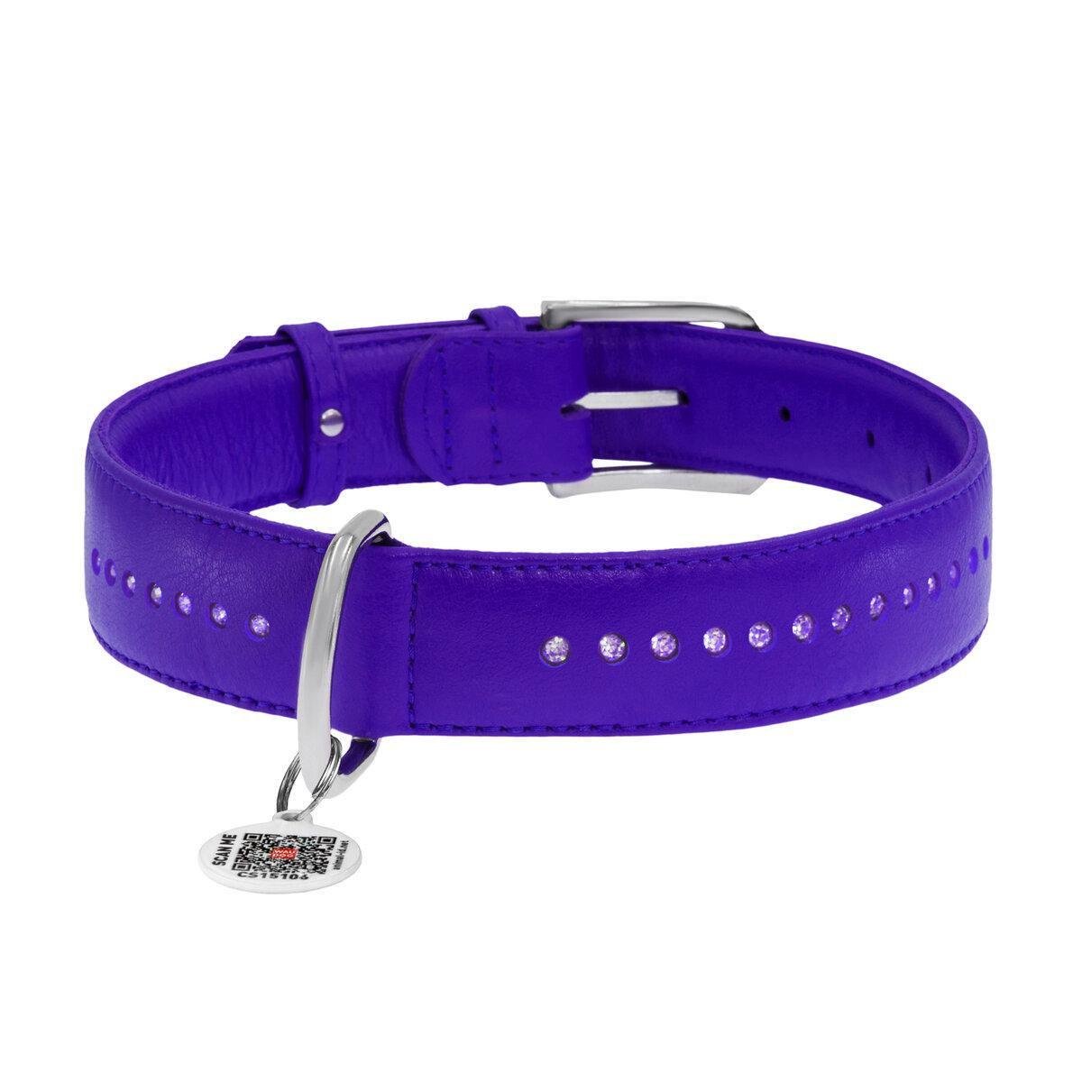Ошейник для собак кожаный Waudog Glamour с QR паспортом/двойной со стразами L 25 мм х 38-49 см Фиолетовый (38789 Col)