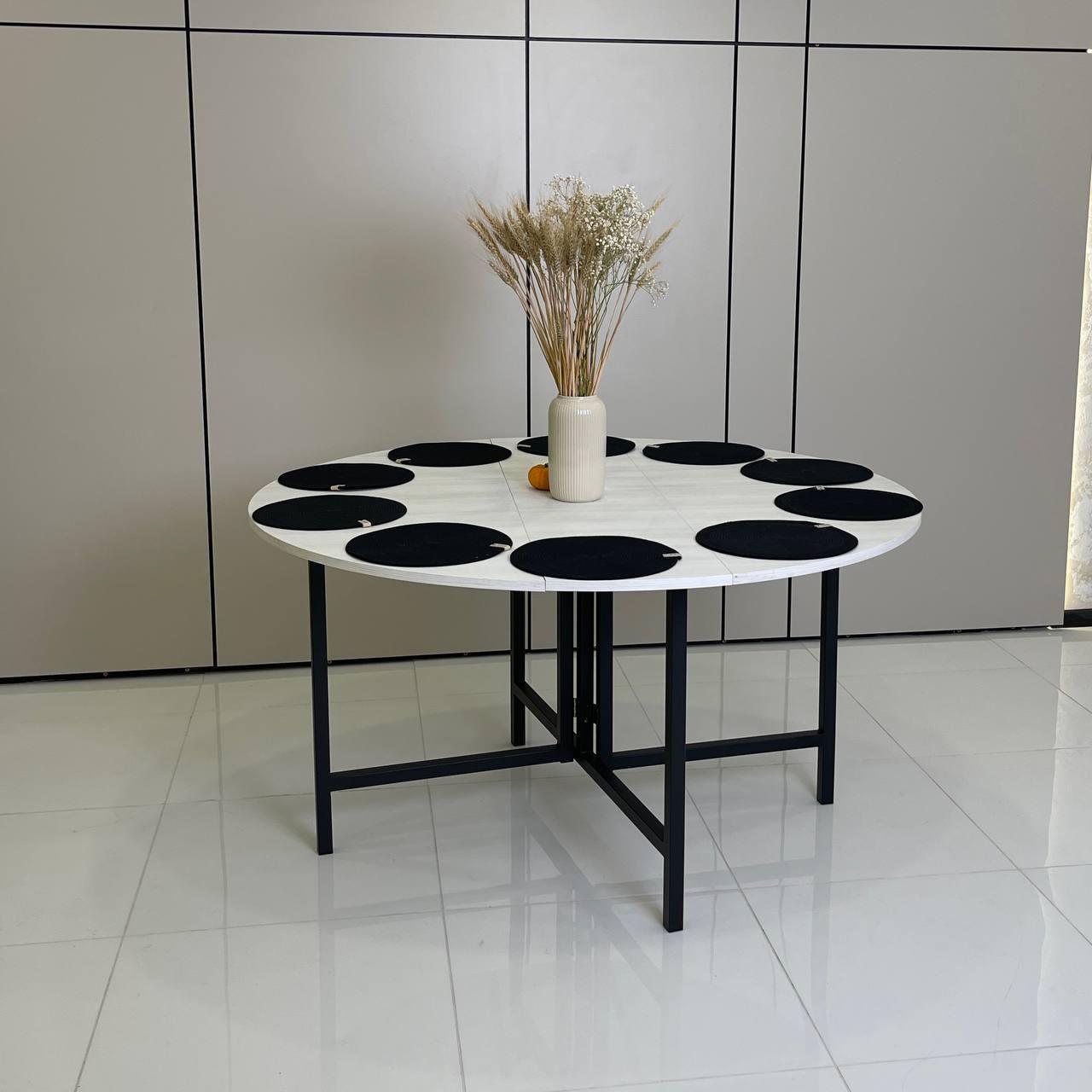 Стол кухонный круглый трансформер D1400 раскладной Ясен серфсайд/Черный мат (УТП026081)