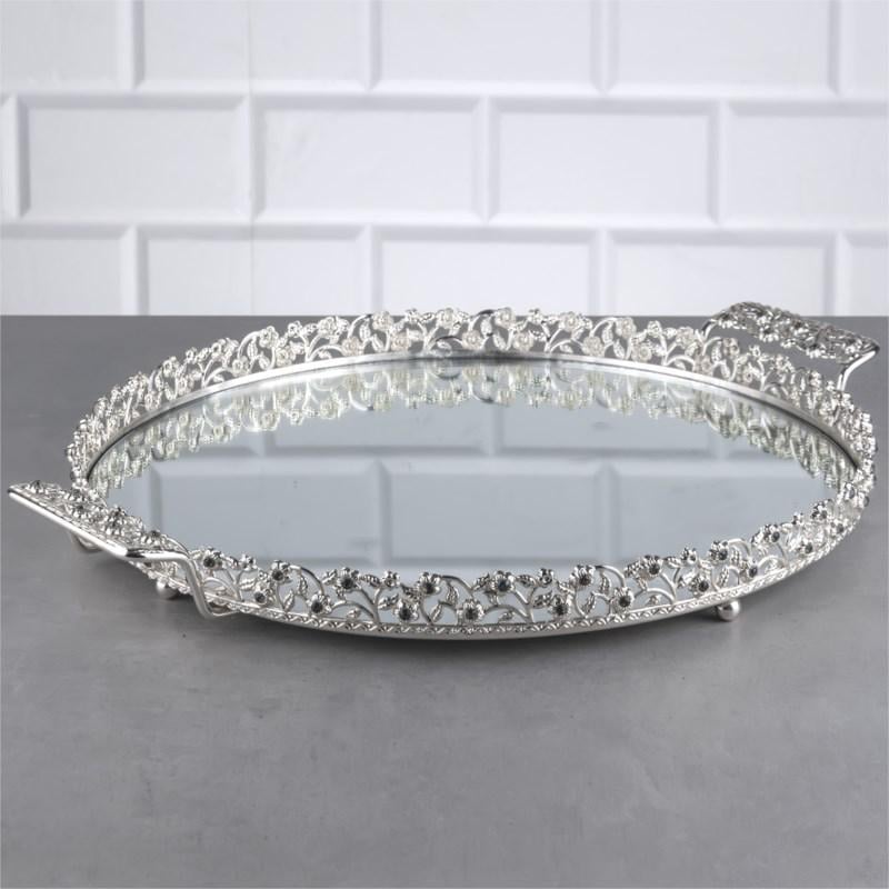 Піднос металевий ручної роботи з дзеркальною основою 35 см з камінням Срібло (19G)