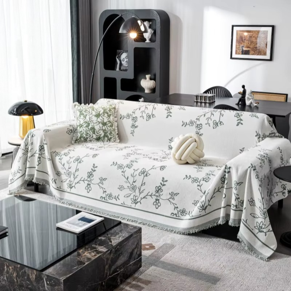 Плед покривало на диван та ліжко для м'яких меблів з сірим квітковим візерунком 180х230 см Білий - фото 1