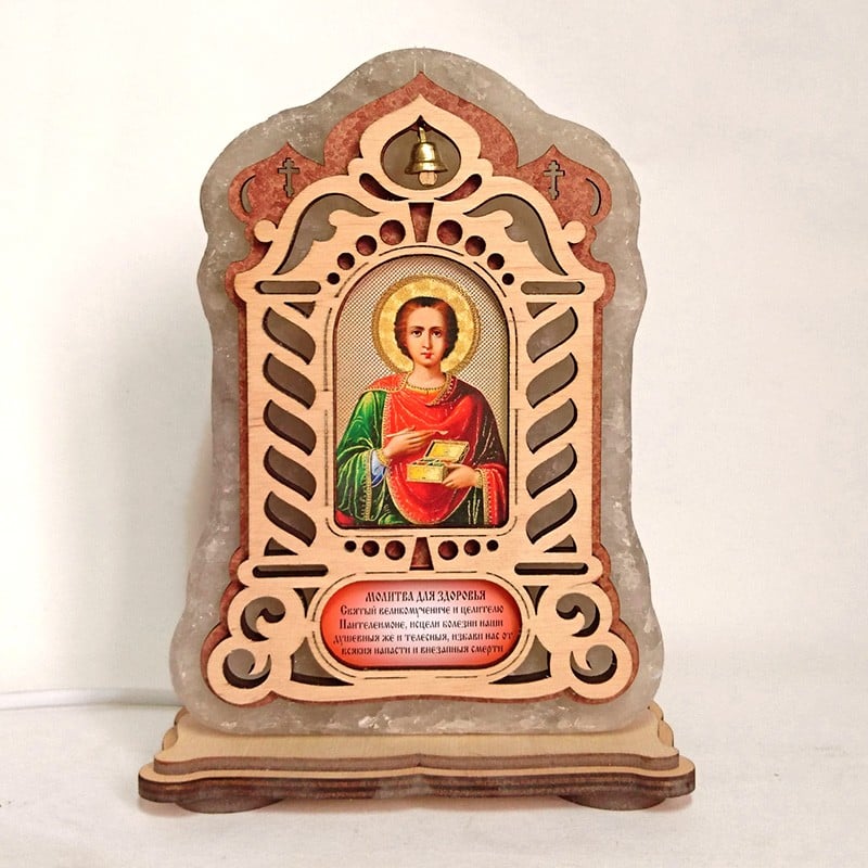 Соляная лампа Икона большая Пантелеймон красного подсвечивания (20009)