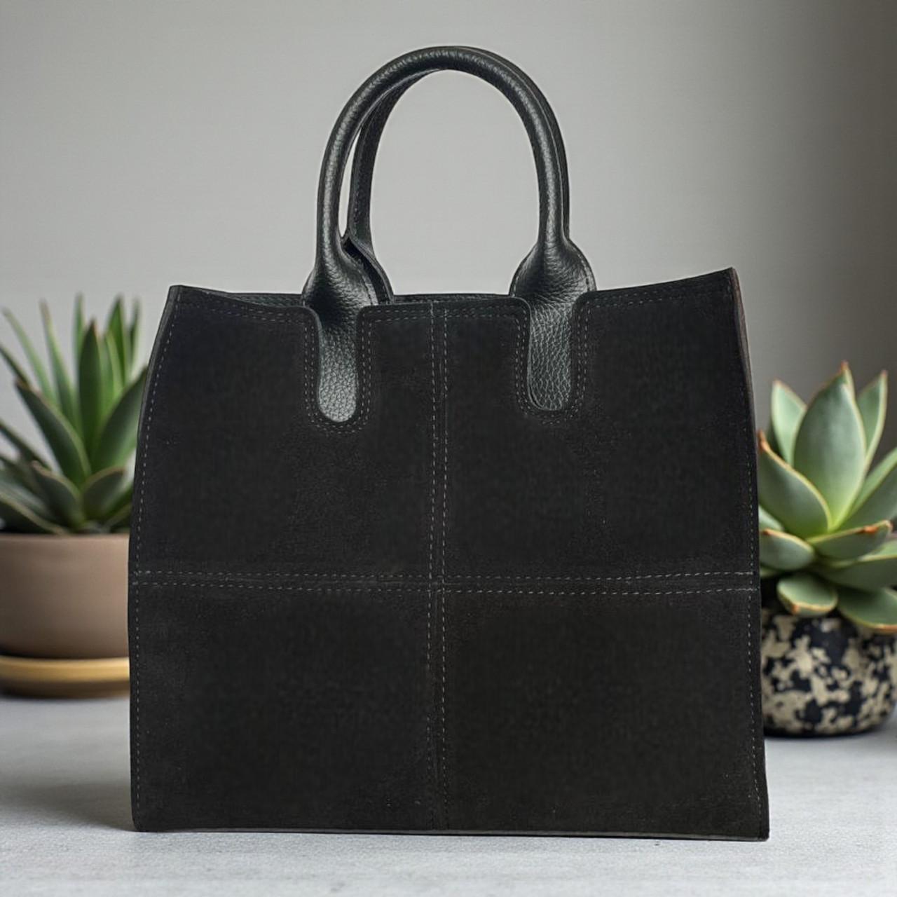 Сумка женская большая через плечо мостика из замши и экокожи вмещает А4 Черный - фото 2