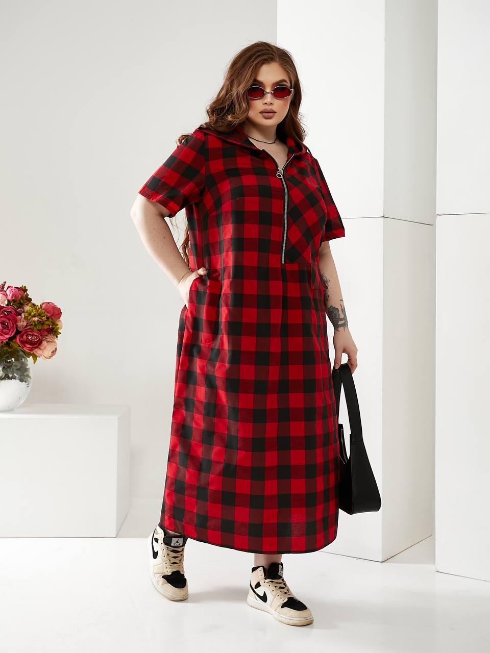 Сукня довга Клітинка котон з капюшоном р. 52-54 Червоний (1376) - фото 6