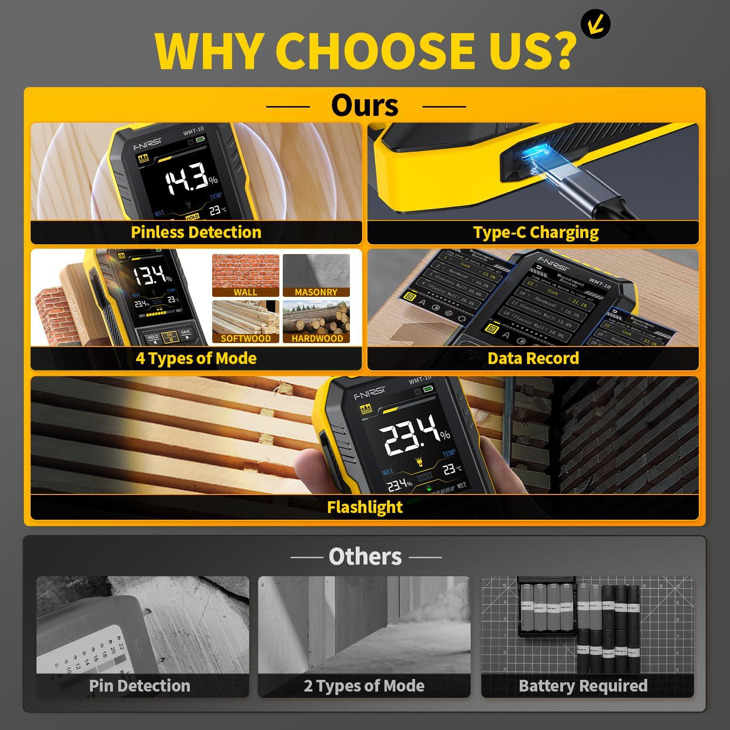 Вимірювач вологості деревини FNIRSI WMT-10 перезаряджається безштифтовий Black (WMT10) - фото 7 Вимірювач вологості деревини FNIRSI WMT-10 перезаряджається безштифтовий Black (WMT10) - фото 7