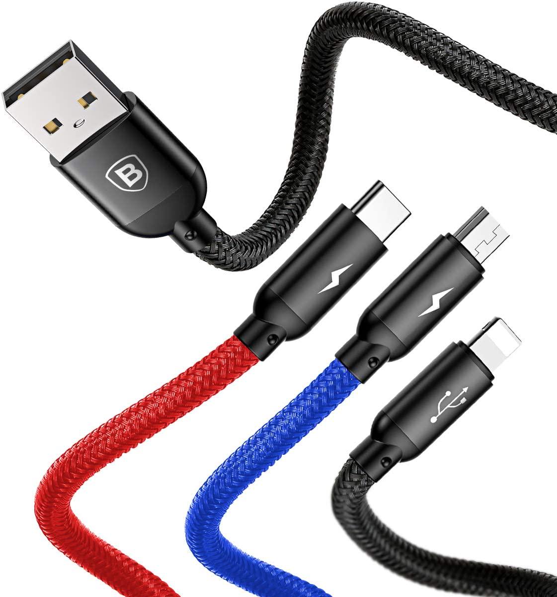 Универсальный кабель BASEUS Three Primary Colors Lightning+TypeC+MicroUSB 3,5А тканевая оплетка 3в1 30 см Черный - фото 3