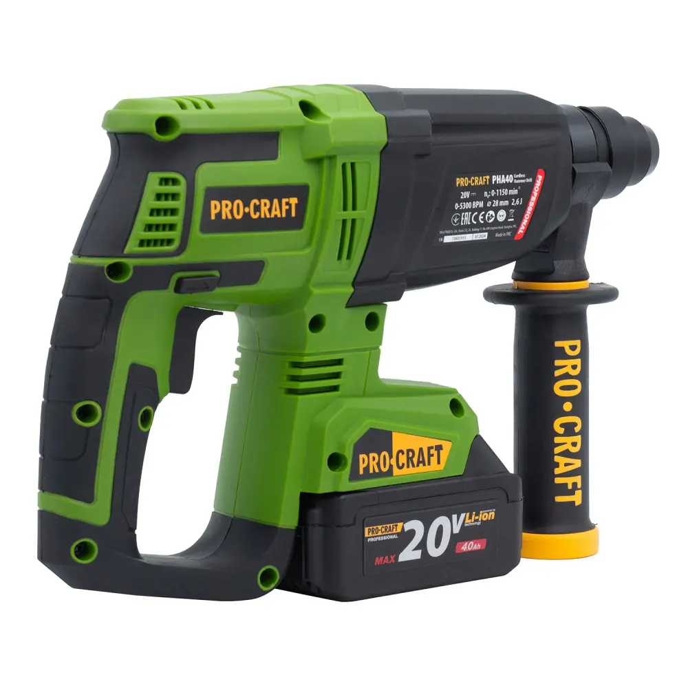 Перфоратор акумуляторний безщітковий ProCraft PHA40 з 2 акумуляторами Li-ion та із зарядним пристроєм з кейсом - фото 6 Перфоратор акумуляторний безщітковий ProCraft PHA40 з 2 акумуляторами Li-ion та із зарядним пристроєм з кейсом - фото 6