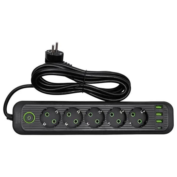 Фильтр-удлинитель сетевой 5 евро розеток и 4 USB выходами 3 USB-A и 1 Type-C 3 м с нагрузкой до 2500 Вт Черный (HP-5-42)