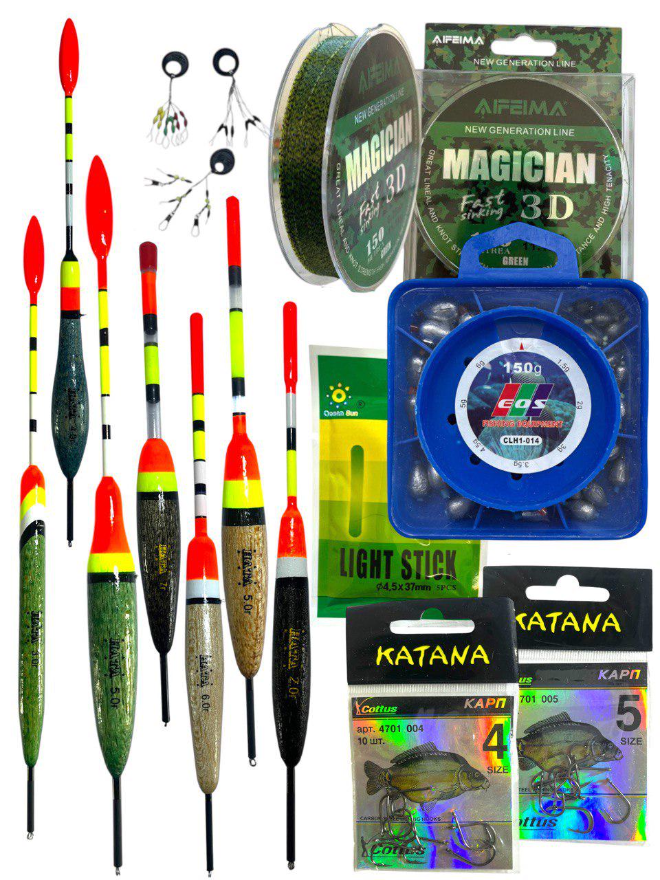 Набор для рыбалки с поплавком грузики/леска/стопор/крючки 7 шт. (24524088) - фото 1