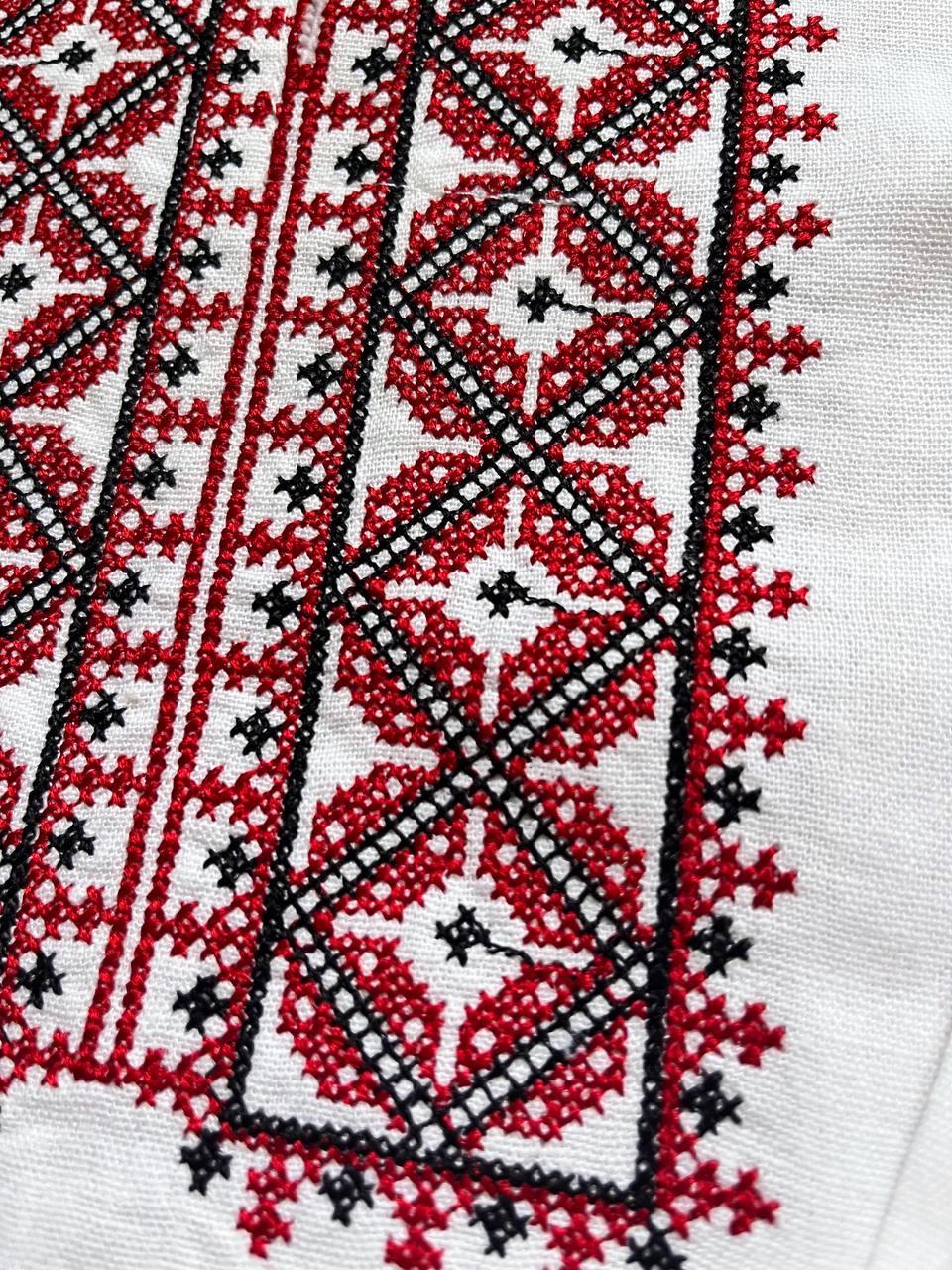 Вышиванка на мальчика лен с красным орнаметом с длинным рукавом 158 см Белый (1887835831) - фото 6