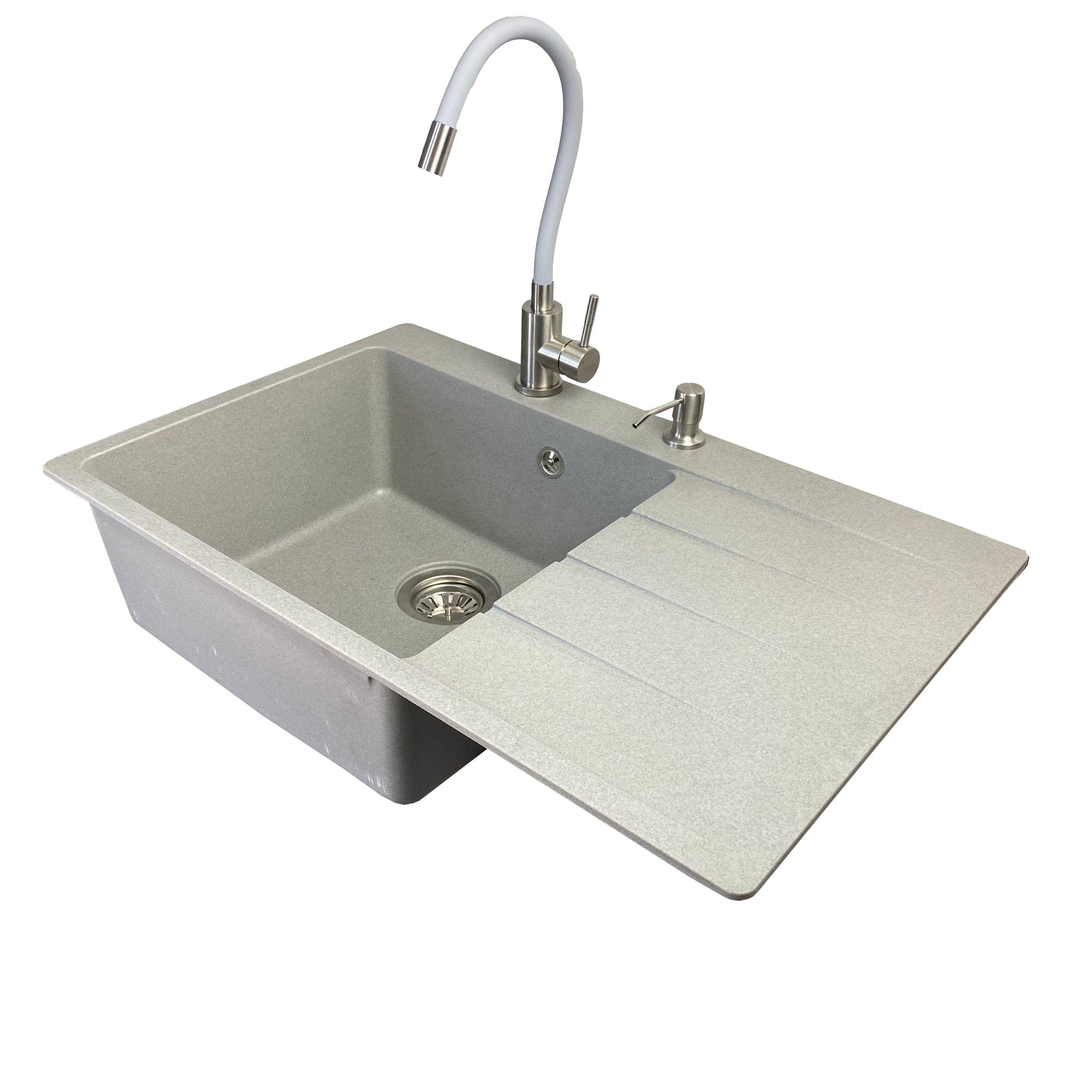 Мойка для кухни VECTOR Forest 78x50 см чаша слева/дозатор/сифон/гибкий смеситель Светло-серый (560a52be)