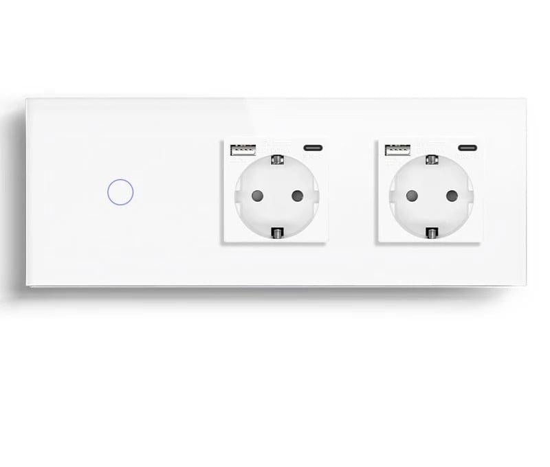 Выключатель умный LUXION сенсорный с двумя розетками USB A+C 20Вт с заземлением/шторками стекло Белый