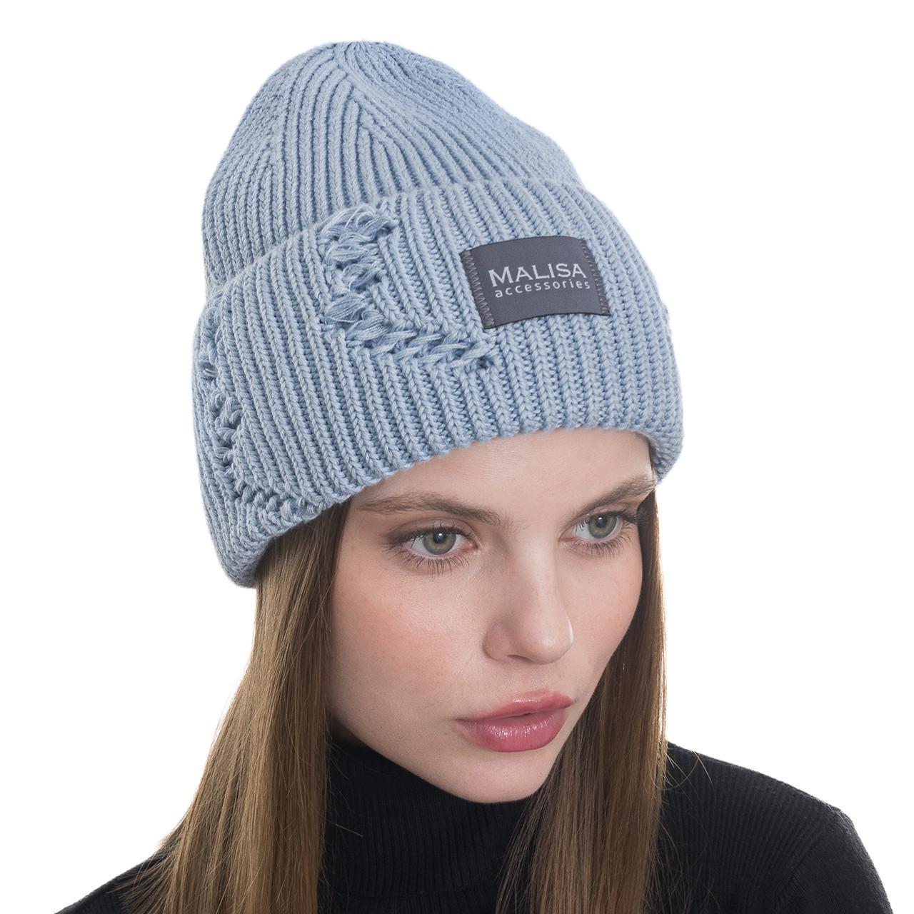 Шапка жіноча Malisa БРУНО без підкладки рвана з емблемою на відвороті one size Світло-блакитний (253771) - фото 1