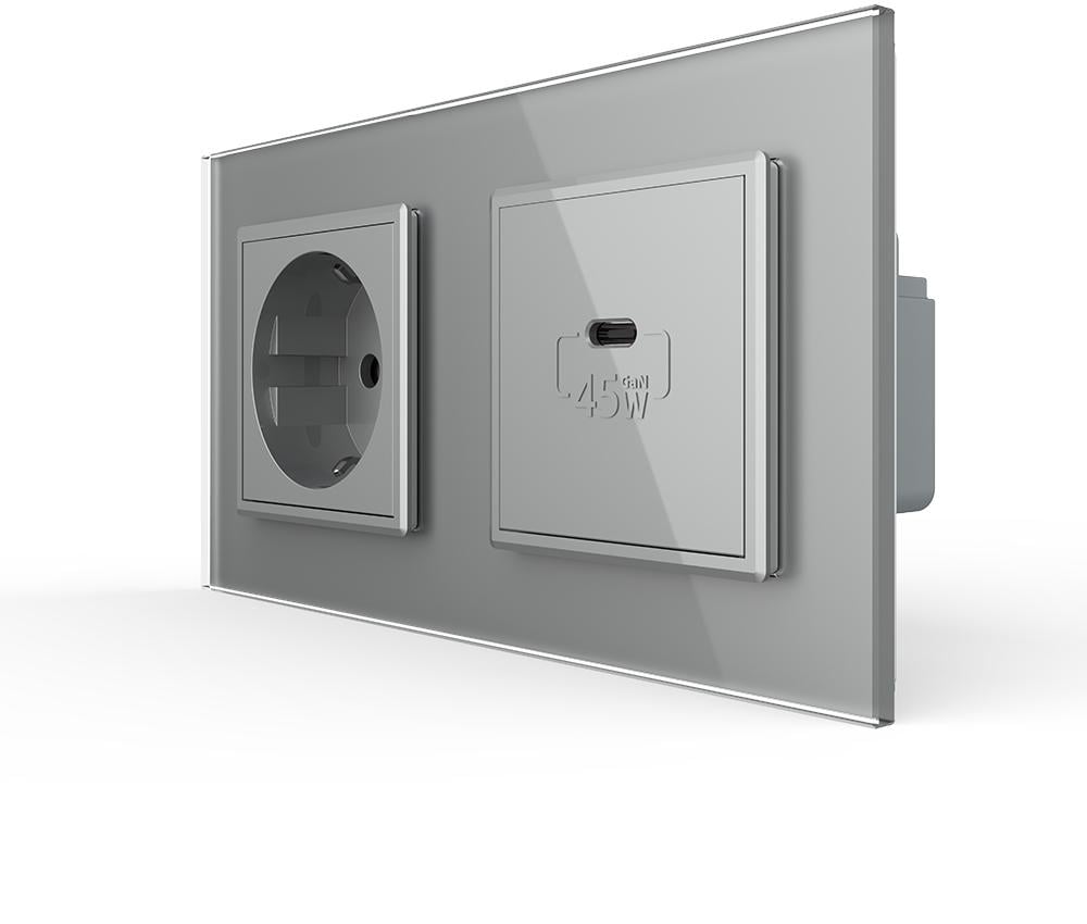 Розетка настінна LIVOLO з USB-C Power Delivery 45Вт дизайнерська скляна рамка Сірий (VL-C7FCTC16A/FCUC-4IP) Розетка настінна LIVOLO з USB-C Power Delivery 45Вт дизайнерська скляна рамка Сірий (VL-C7FCTC16A/FCUC-4IP)