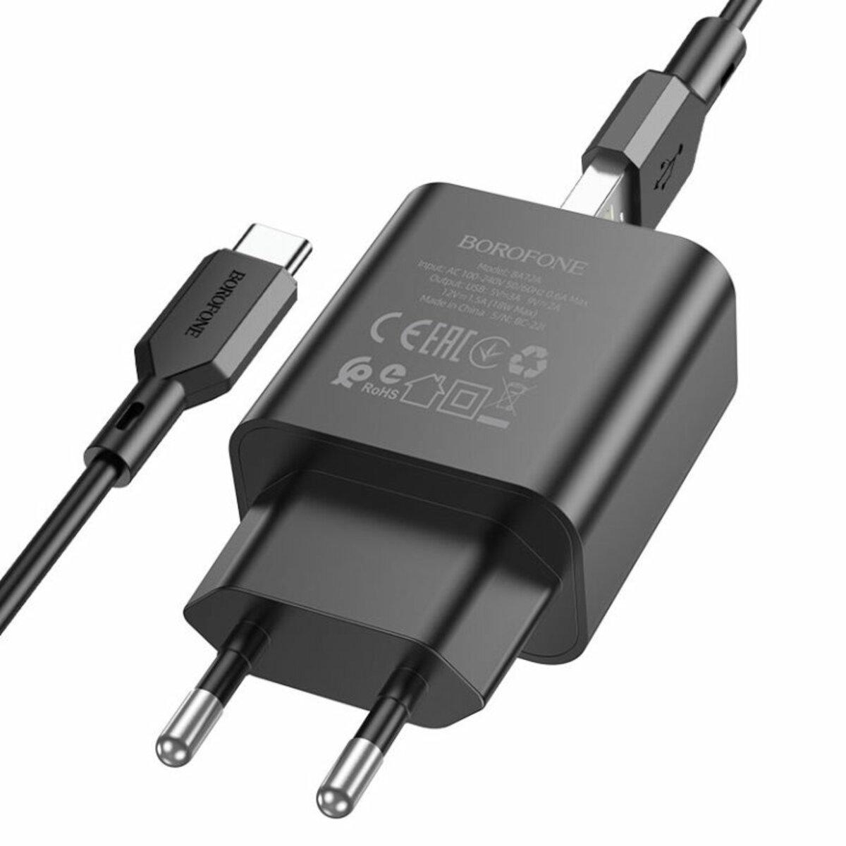 Зарядний пристрій Borofone BA72A Spring Single Port QC3.0 Charger Set USB to Type-C Cable Black (BA72ACB)