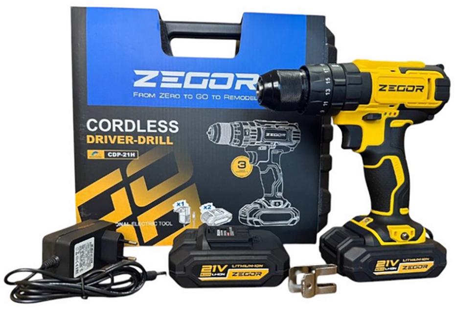Шуруповерт ударный аккумуляторный бесщеточный Zegor CDP-21H/21В/2 скорости/2 батареи 21В 2Ач/реверс/подсветка/кейс