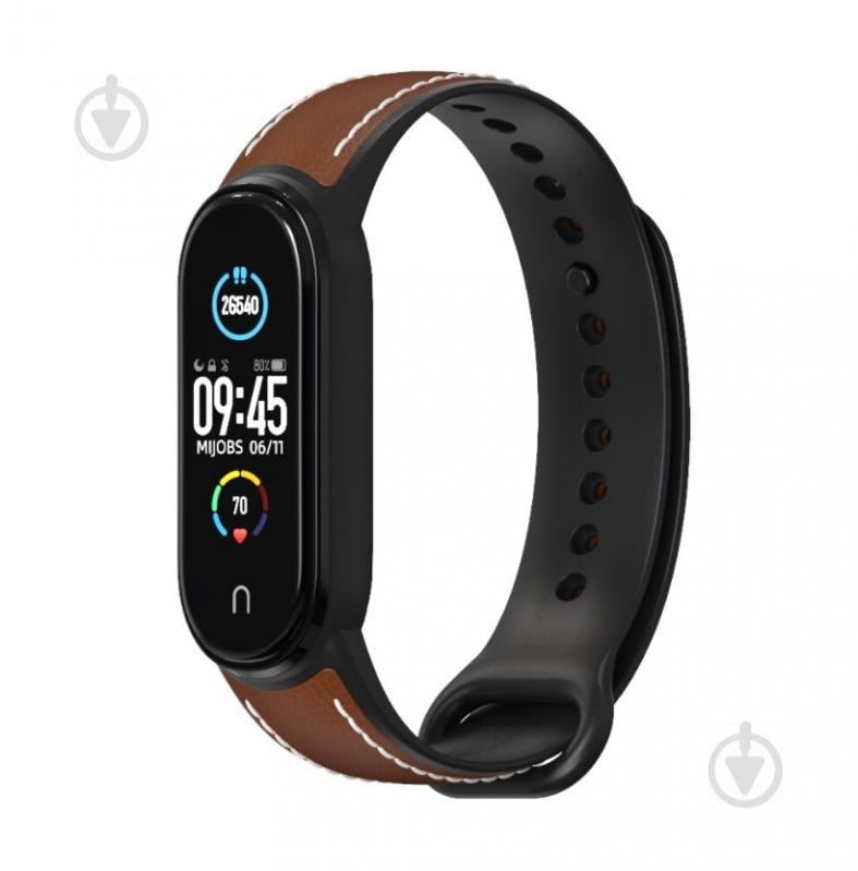 Ремешок для Xiaomi Mi Band 5 | 6 силікон + кожа MiJobs Коричнево Черный (1540703)