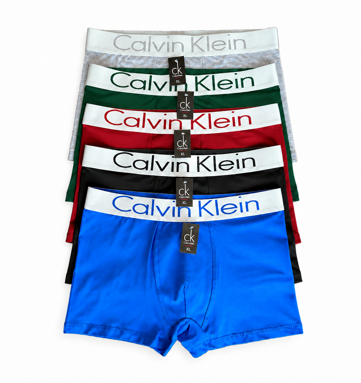 Комплект мужских трусов в стиле Calvin Klein 5 шт. ХL Черный/Темно-зеленый/Серый/Красный/Синий с белой резинкой (CK03-5-03)